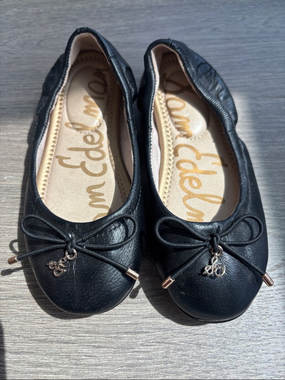 Sam Edelman Black Leather Ballet Flats with Bow and Rose Gold Charms